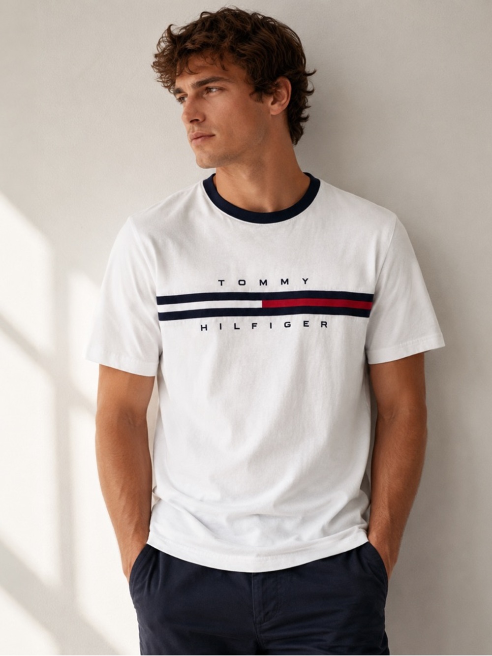 Tommy Hilfiger White Logo Stripe T-Shirt | Men’s Large